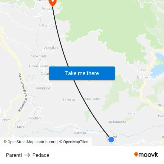 Parenti to Pedace map