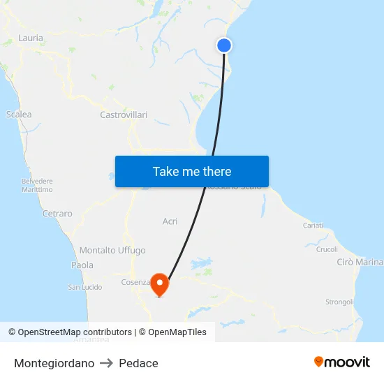 Montegiordano to Pedace map