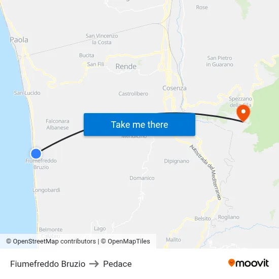 Fiumefreddo Bruzio to Pedace map