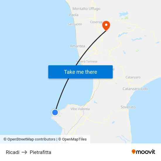 Ricadi to Pietrafitta map
