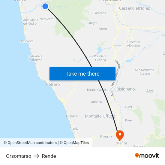 Orsomarso to Rende map