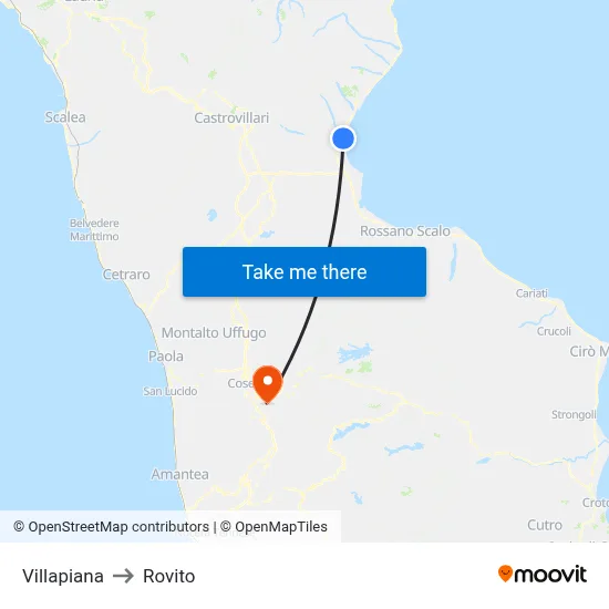 Villapiana to Rovito map