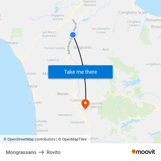 Mongrassano to Rovito map