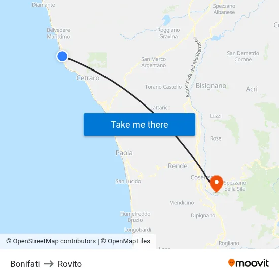 Bonifati to Rovito map