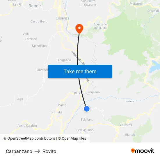Carpanzano to Rovito map