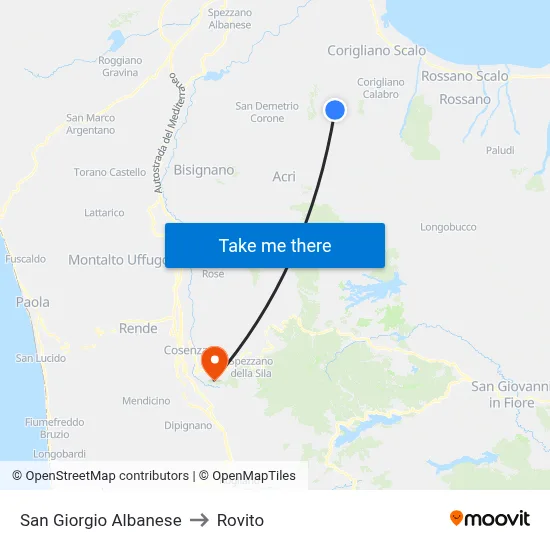 San Giorgio Albanese to Rovito map