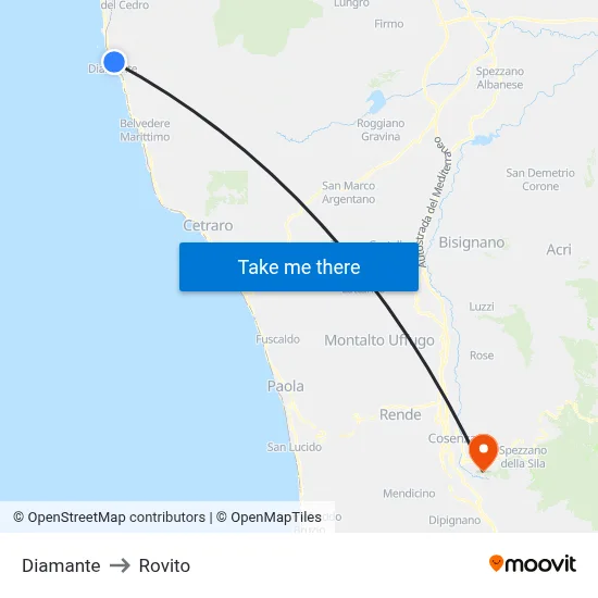 Diamante to Rovito map