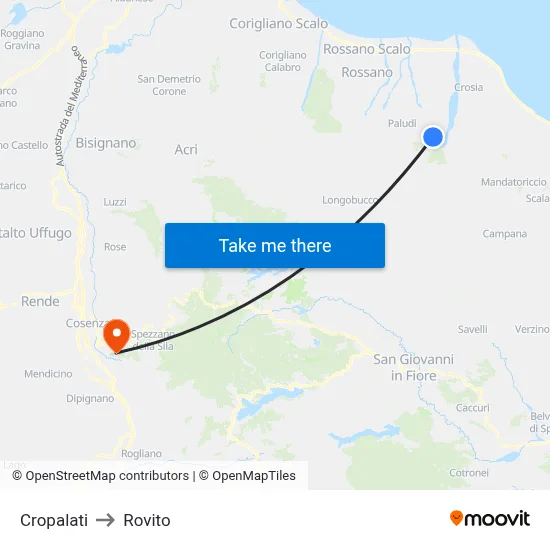 Cropalati to Rovito map