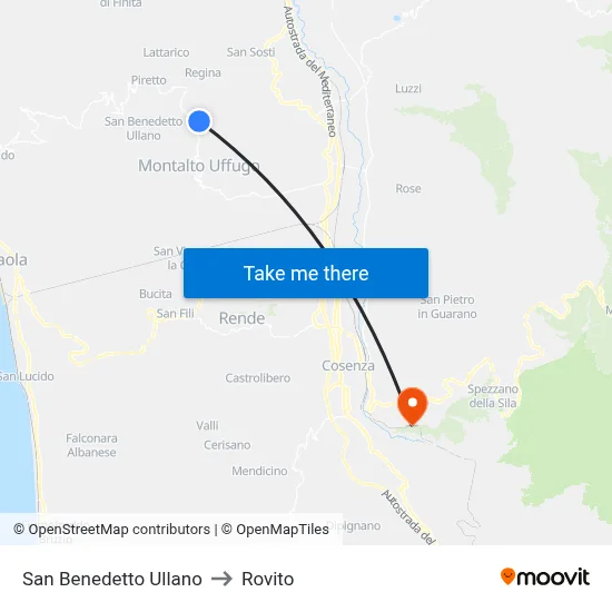 San Benedetto Ullano to Rovito map