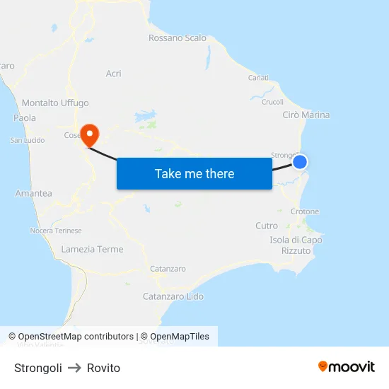 Strongoli to Rovito map