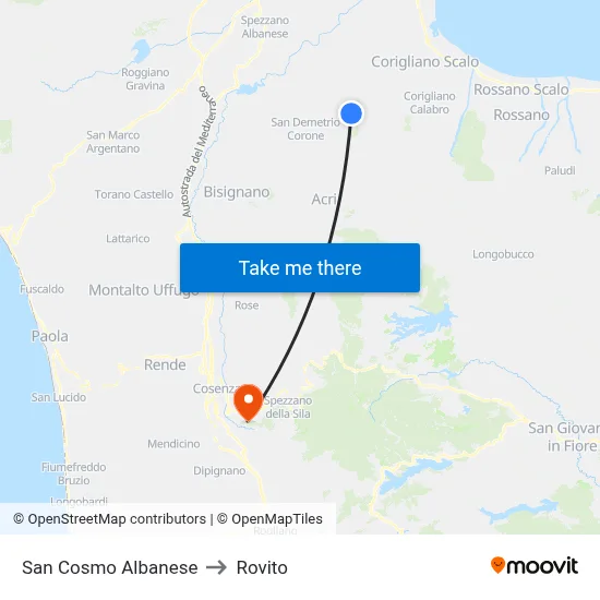 San Cosmo Albanese to Rovito map