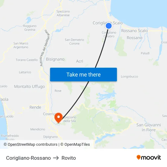 Corigliano-Rossano to Rovito map