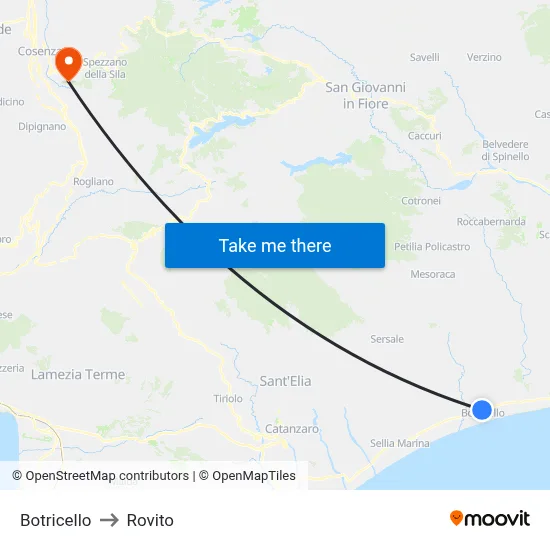 Botricello to Rovito map