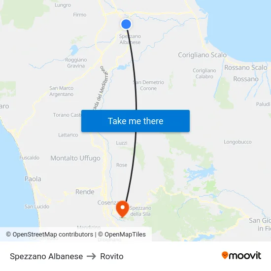 Spezzano Albanese to Rovito map
