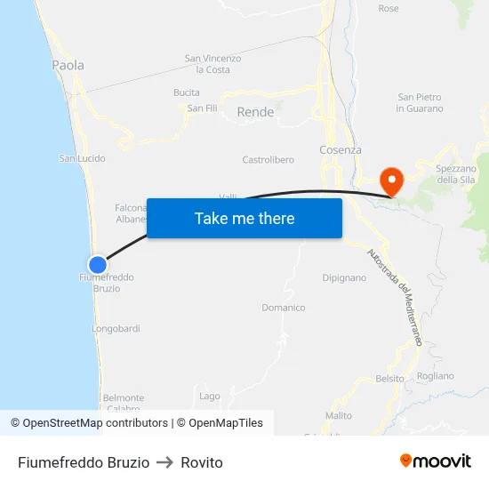 Fiumefreddo Bruzio to Rovito map