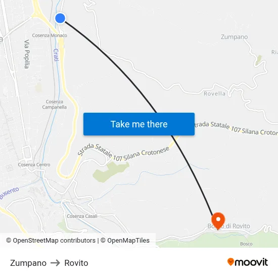 Zumpano to Rovito map