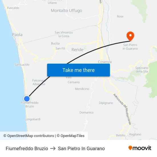Fiumefreddo Bruzio to San Pietro In Guarano map