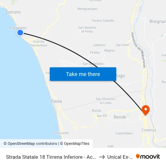 State Road 18 Tirrena Inferiore - Acquappesa to Unical Ex-Cud map