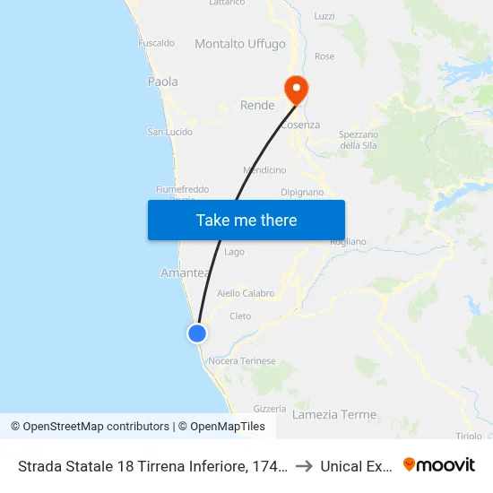 State Road 18 Tyrrhenian Coast, 174 - Amantea to Unical Ex-Cud map