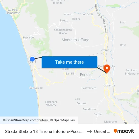 State Road 18 Tirrena Inferiore-Croce District Square - Paola to Unical Ex-Cud map