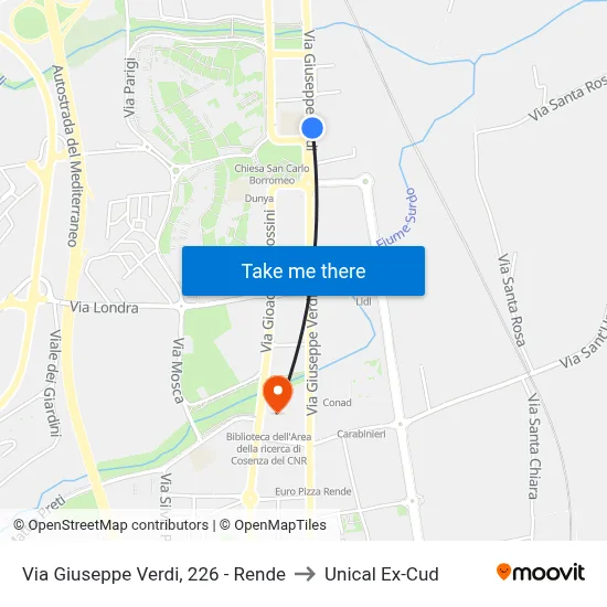 Via Giuseppe Verdi, 226 - Rende to Unical Ex-Cud map