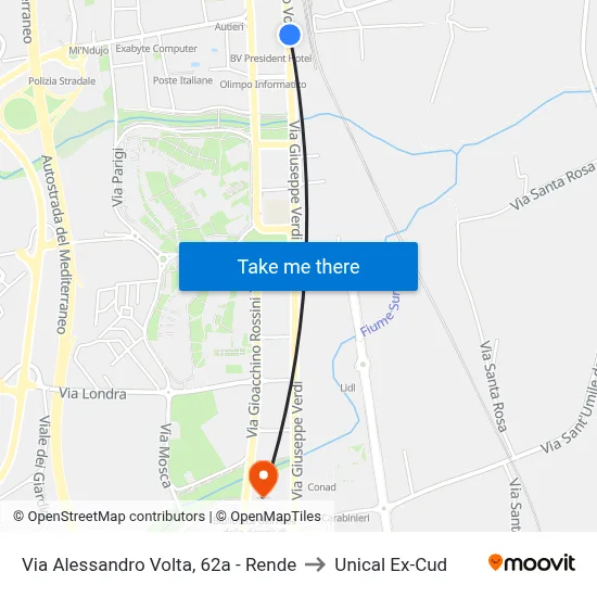 Via Alessandro Volta, 62a - Rende to Unical Ex-Cud map