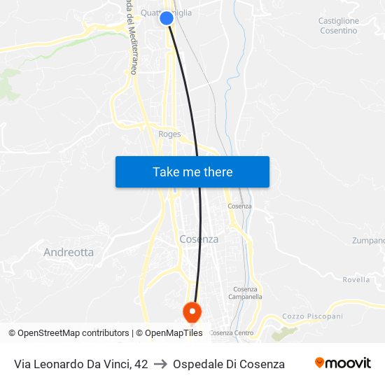 Via Leonardo Da Vinci, 42 to Ospedale Di Cosenza map