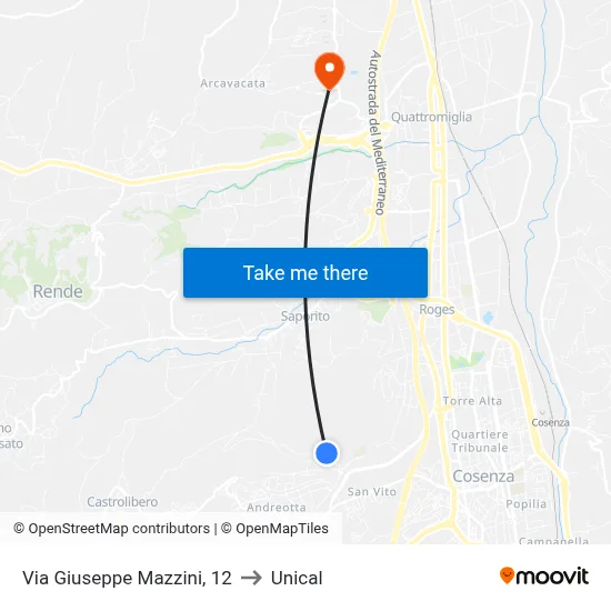 Giuseppe Mazzini Street, 12 to Unical map
