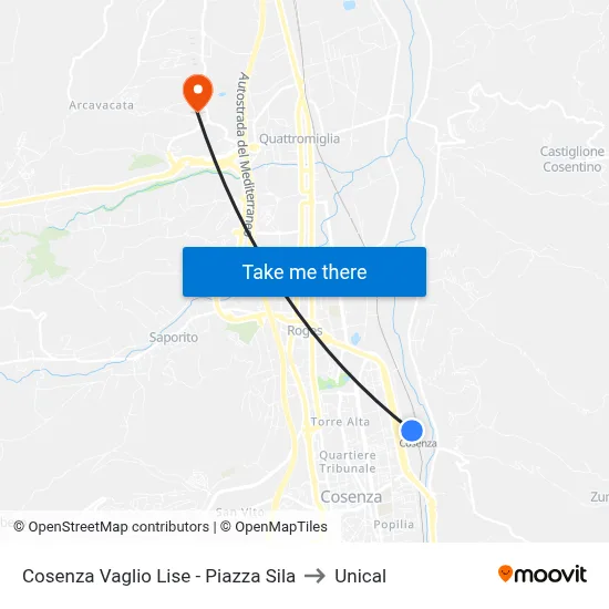 Cosenza Vaglio Lise - Piazza Sila to Unical map