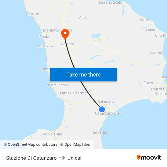 Catanzaro Station to Unical map