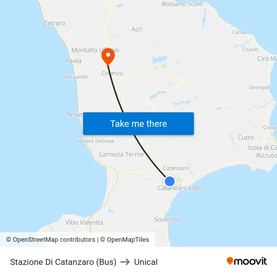 Catanzaro Station (Bus) to Unical map