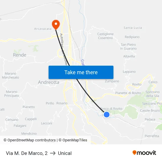 Via M. De Marco, 2 to Unical map