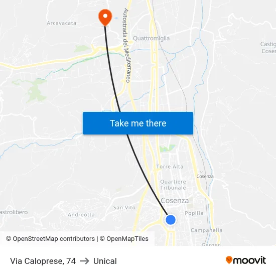 Caloprese Street, 74 to Unical map