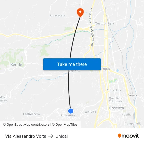 Alessandro Volta Street to Unical map
