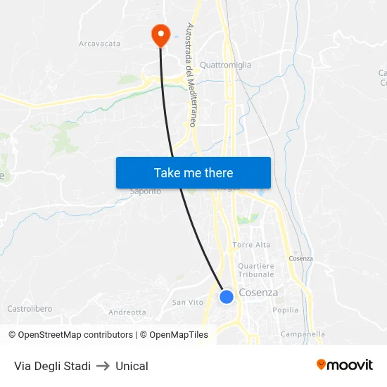 Stadium Street to Unical map