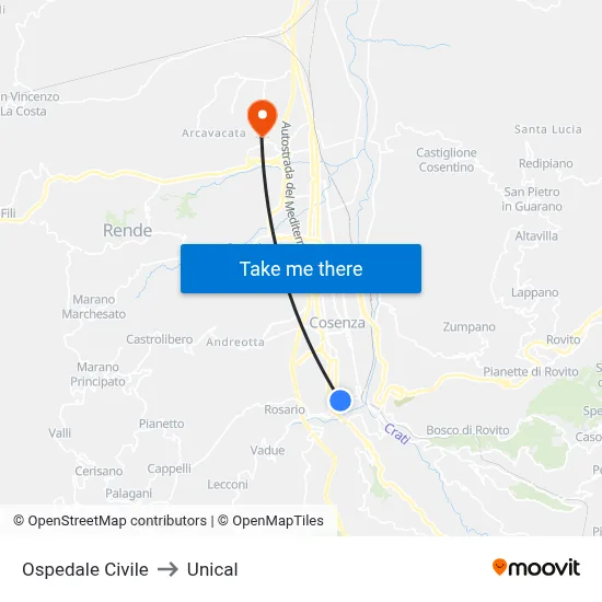 Civil Hospital to Unical map
