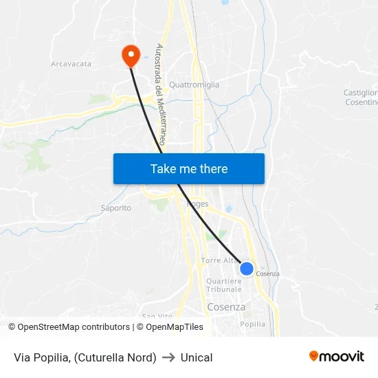 Via Popilia, (North Cuturella) to Unical map