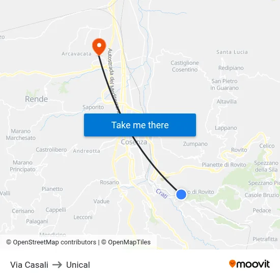 Casali Street to Unical map
