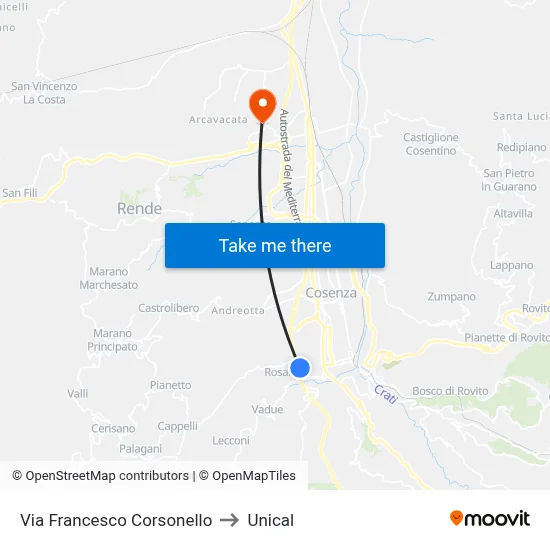 Francesco Corsonello Street to Unical map