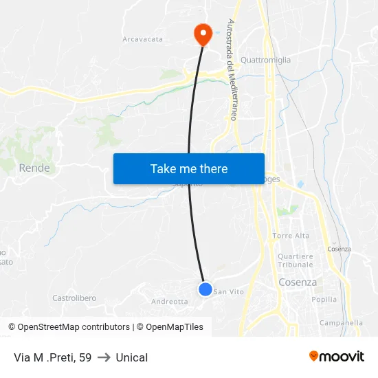 Via M. Preti, 59 to Unical map