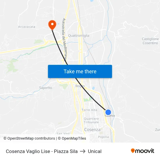 Cosenza Vaglio Lise - Piazza Sila to Unical map