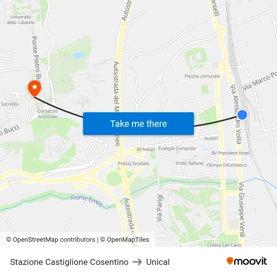 Castiglione Cosentino Station to Unical map