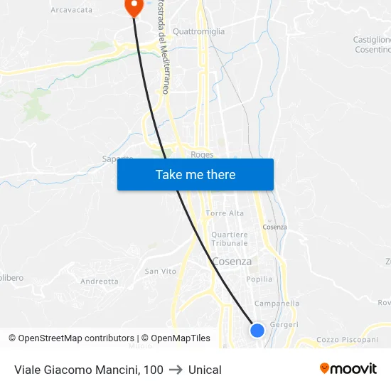 Viale Giacomo Mancini, 100 to Unical map
