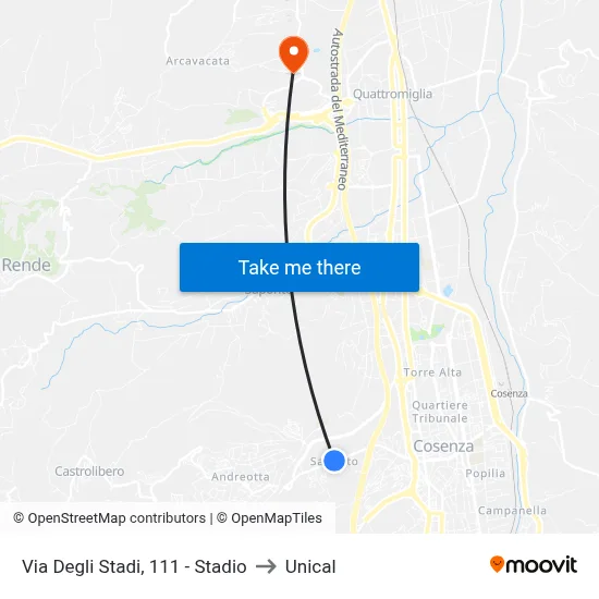 Via Degli Stadi, 111 - Stadium to Unical map