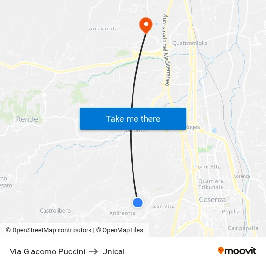 Giacomo Puccini Street to Unical map