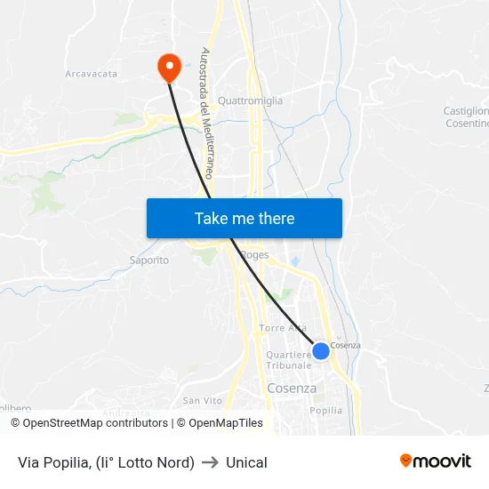 Via Popilia, (North Block II) to Unical map