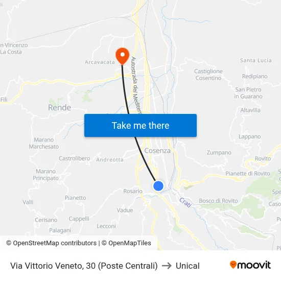 Vittorio Veneto Street, 30 (Central Post Office) to Unical map