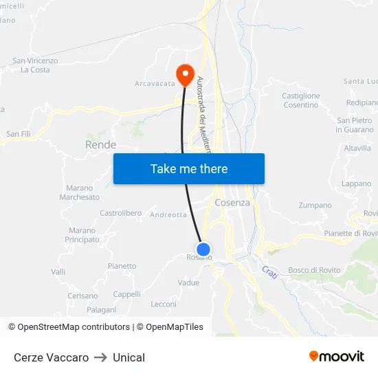 Cerze Vaccaro to Unical map