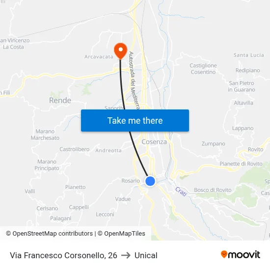 Francesco Corsonello Street, 26 to Unical map