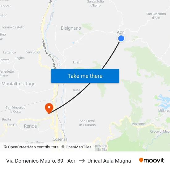 Via Domenico Mauro, 39 - Acri to Unical Magna Hall map